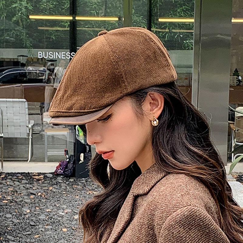 Retro Corduroy Forward Hat Women's Spring and Autumn Versatile Anti-wearing Beret Big Head Circumference Shows the Face Small Hat Trend