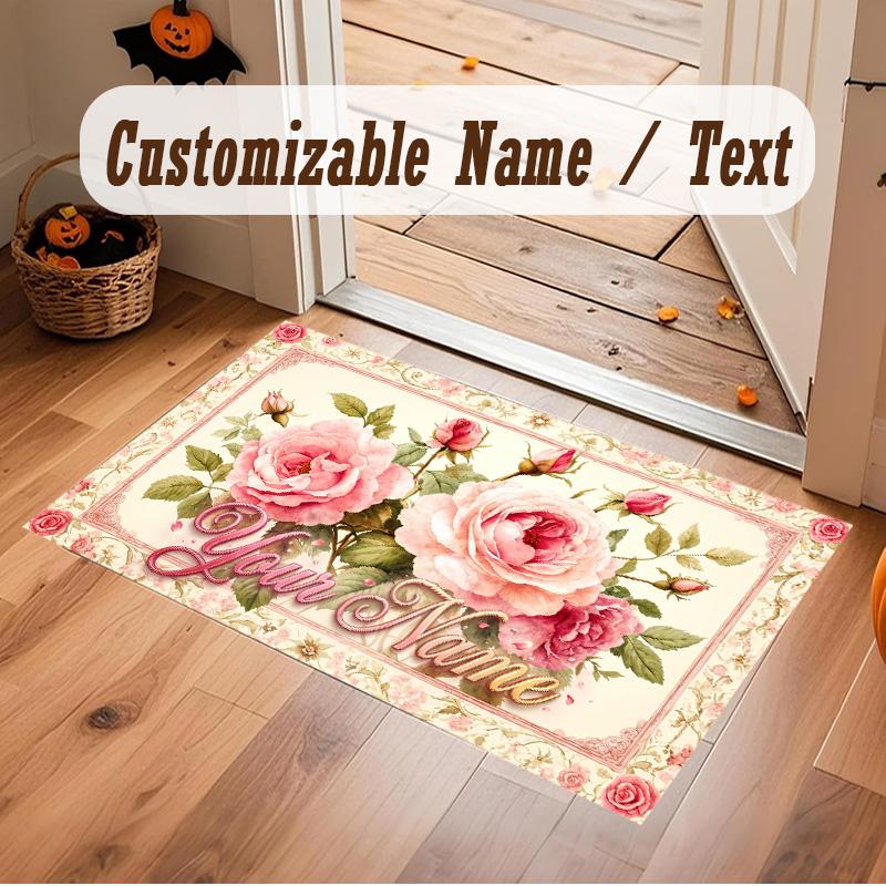 Floral Garden Theme Soft Crystal Velvet Rug Custom Name & Text Print Non Slip Floor Rug for Bedroom Living Room