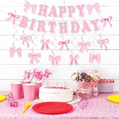 Bow Theme Happy Birthday Banner Paper Spiral Bow Pattern Balloons Scene Decoration Pink Black Blue Hanging Garland for Girls