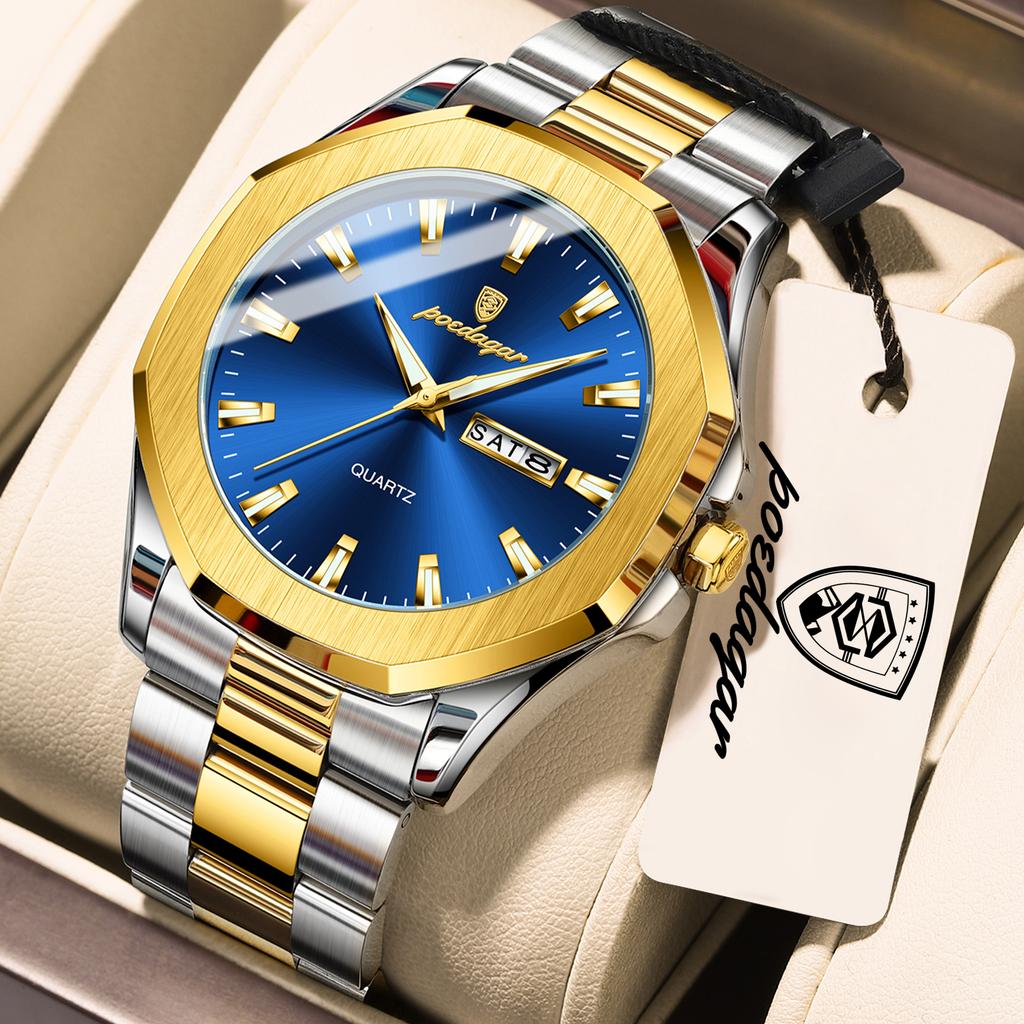POEDAGAR Luxury Men Wristwatch Waterproof Luminous Week Date Casual Clock Stainless Steel Quartz Fashion Watches Reloj