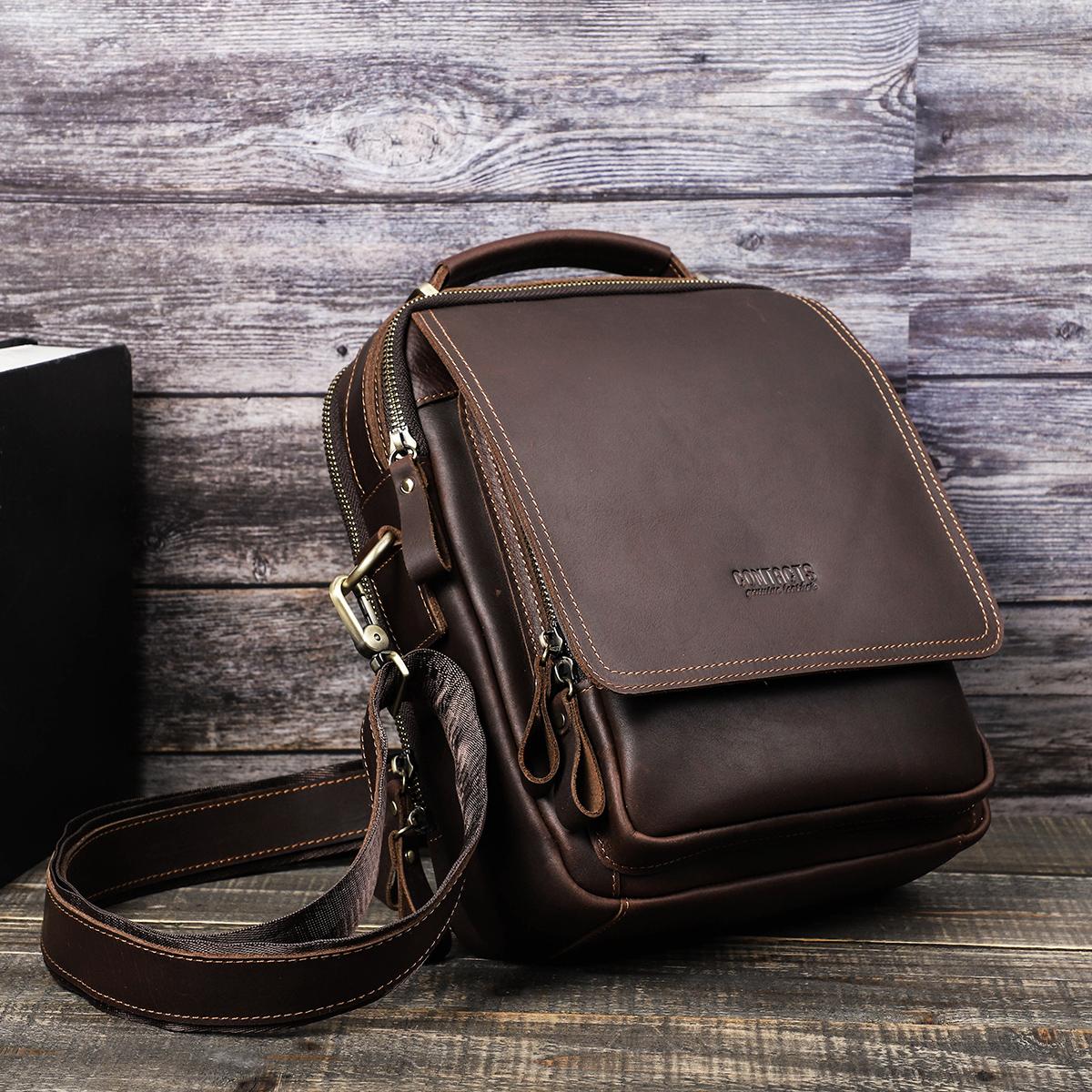 

CONTACT S Crazy Horse кожаная мужская сумка-мессенджер винтажные сумки через плечо многофункциональная маленькая сумка подходит для 10,5-дюймового коврика кофейный