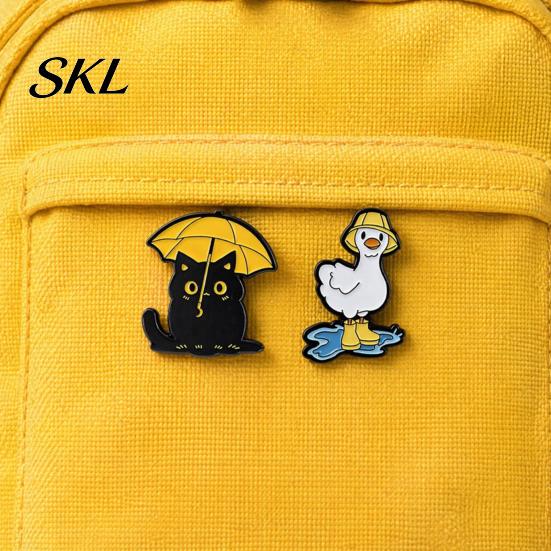 Rainy Day Pin Enamel Brooch, Animal Pin, Black Cat Umbrella Duck Treading Water Colorful Jewelry Badge, Vivid Expressions Stable Metal for Jacket Bag