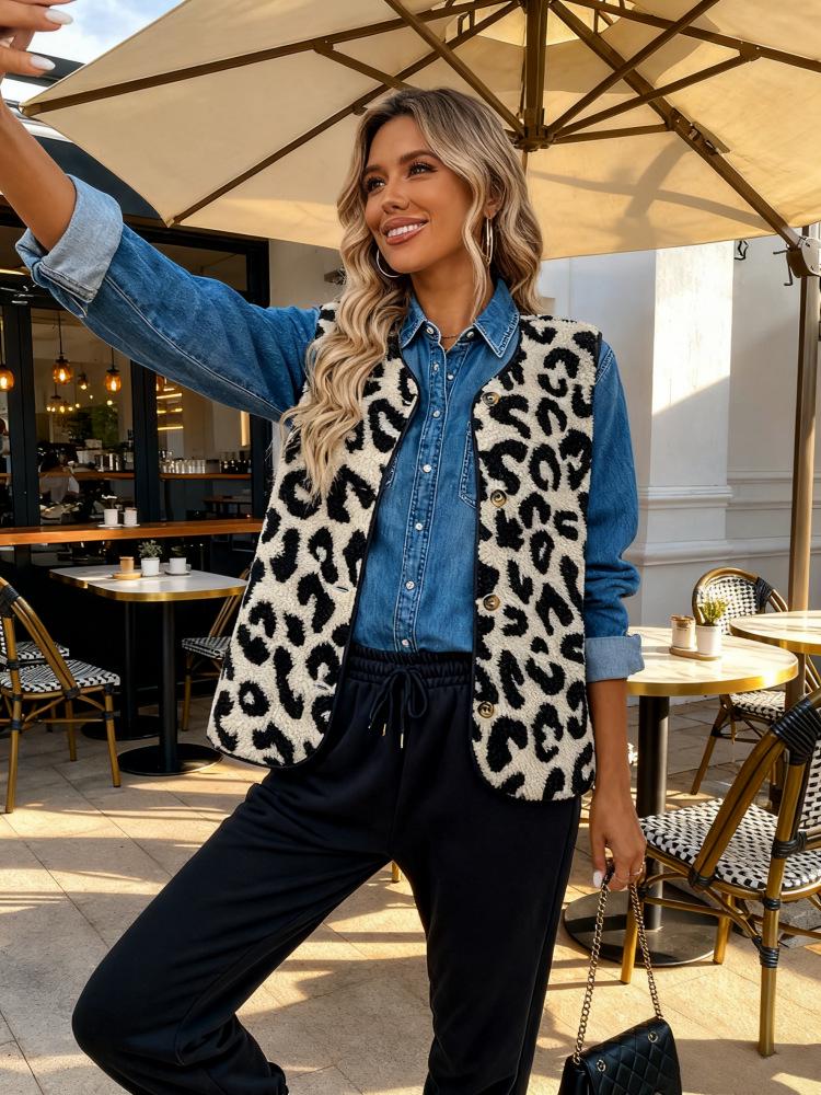 2025 Women's Leopard Print Button-Front Plush Vest - European/American Autumn/Winter Fashion