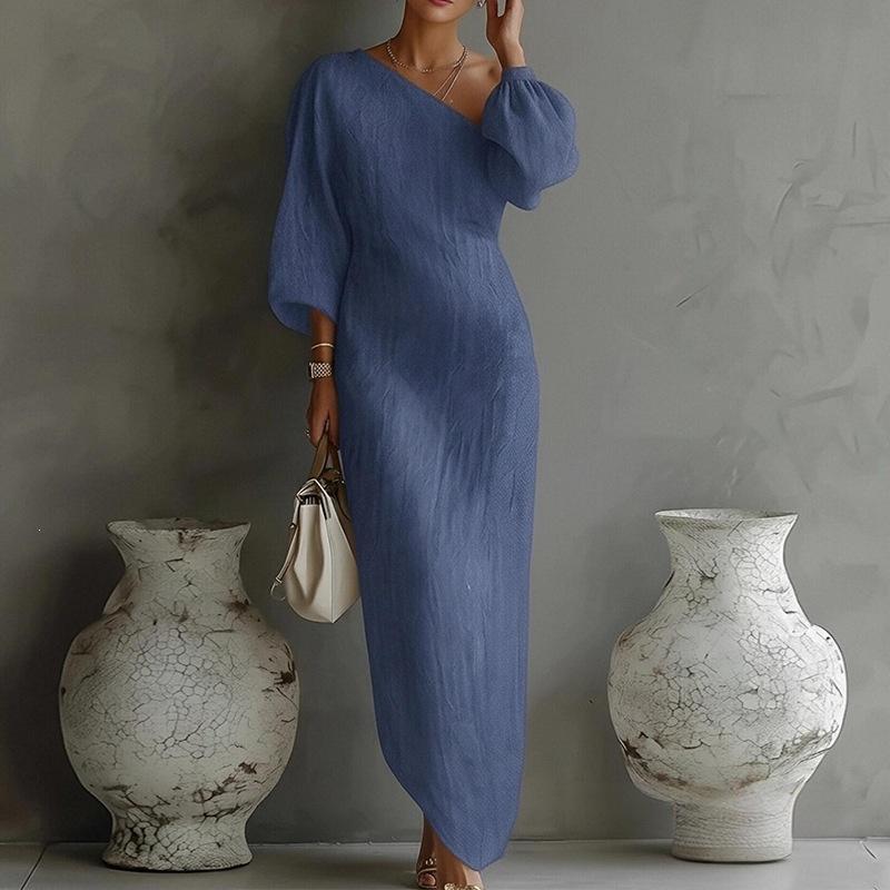 Women's clothing, new spring models in Europe and America, lazy style solid color slanted shoulder thin long dress dress
