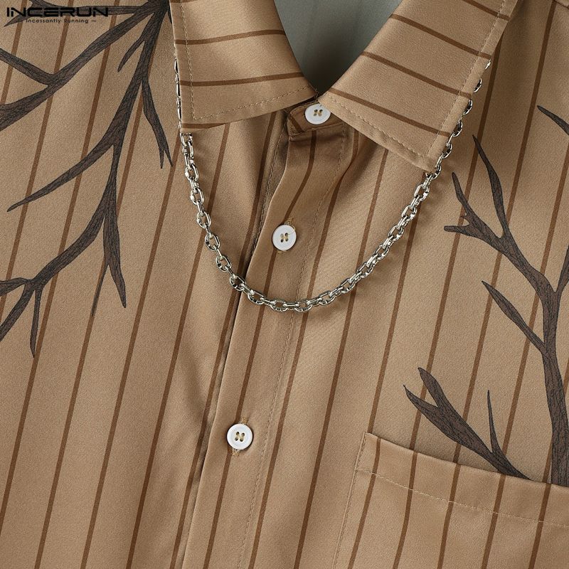 INCERUN Oversized Men Lapel Neck Short Sleeve Striped Print Casual Loose Shirts