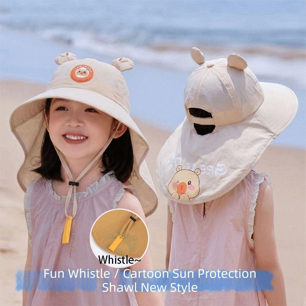 Whistle~ Big Brim Kids Whistle Sunscreen Hat Extended Shawl Children Beach Cap  Boys and Girls