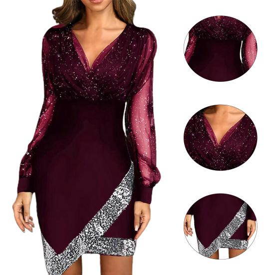 Formal Dress Solid Color Sequins Spring Autumn Net Yarn See Through Dress for Wedding