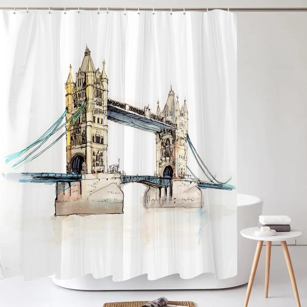 Art Line Drawing Scenery Shower Curtain Waterproof Polyester Bathroom Curtain Room Decor Bathtub Curtain Textured With Hooks