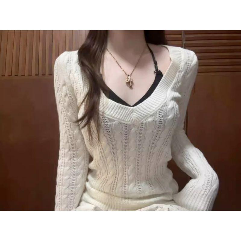 

Белый свитер с длинным рукавом и V-образным вырезом, из мягкого клейкого трикотажа с узором «косичка», женский, осенне-зимний, приталенный, для ношения под одежду, топ-базовая рубашка White S(Suggested 37.50 kg-47.50 kg)