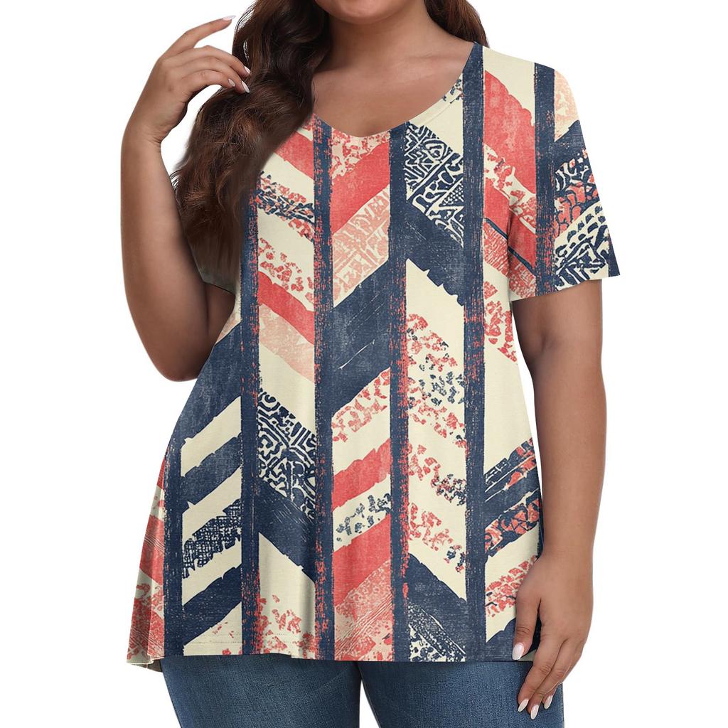 Women's Fashion Casual V-Neck Pullover Short Sleeve Large Size Vintage Printed Top