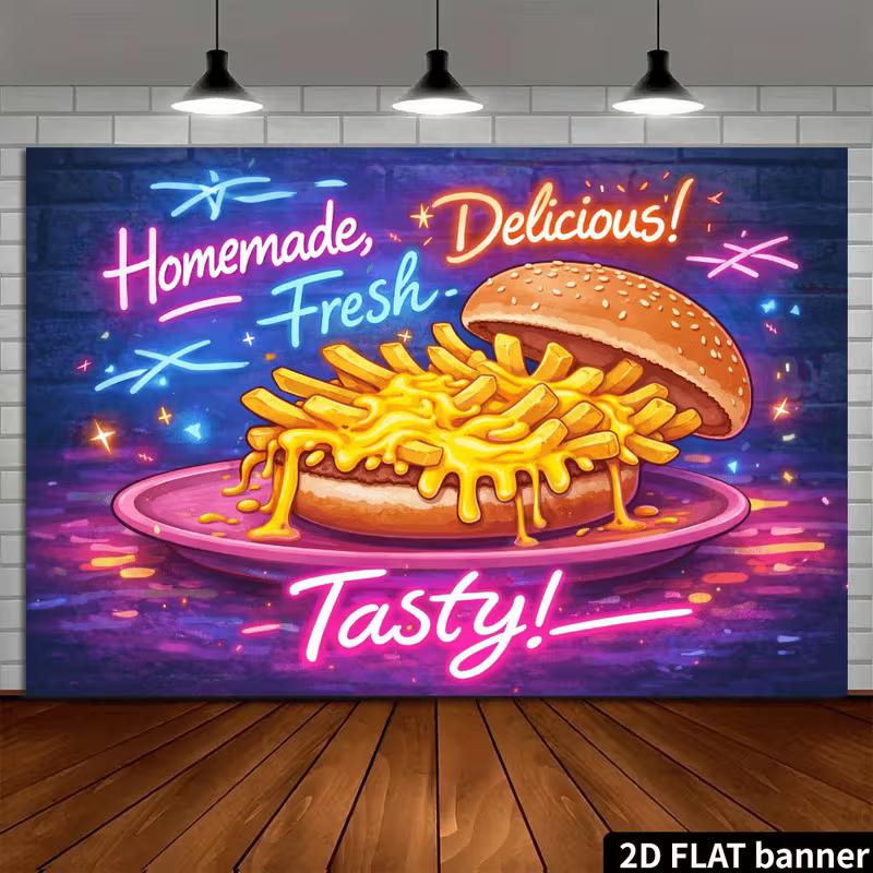 2D Homemade Fresh Burger Tapestry, Delicious Food Store Wall Decor for Cafe