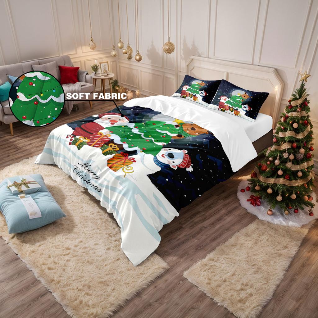 3pcs Cartoon Santa Claus Printed Chipless Quilt Set with Multiple Sizes Soft Bedroom and Dormitory Decoration Machine Washable