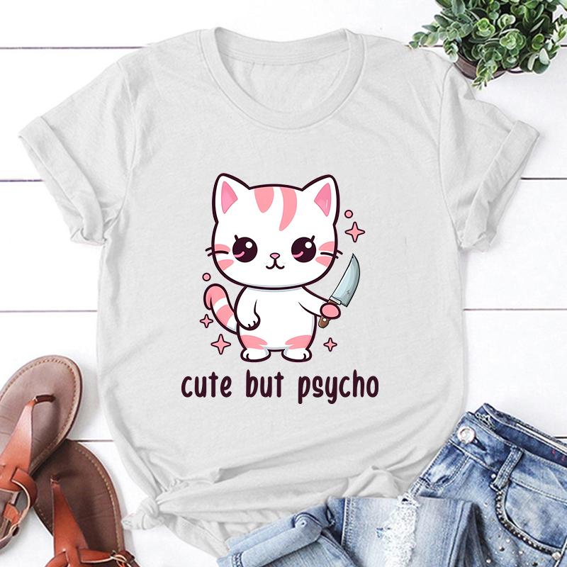 Mode Unisex T-Shirt Katze Niedlich Aber Psycho Aufdruck Designt Sommer Tops Tees Damen Lässige Oberteile Shirt