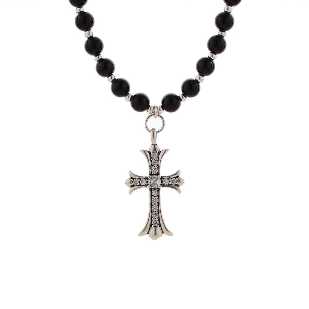 Niche Trendy Brand Black Beaded Zircon Cross Pendant Necklace Female Retro Hip Hop Punk Style Sweater Chain Accessories