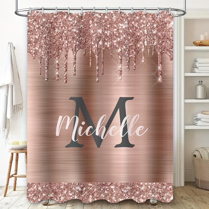 Personalized shower curtain with glitter dripping design for bathroom decor customizable name monogram available