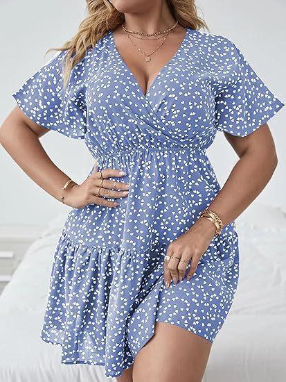 Women's Plus Size V-Neck Ruffle Edge Short Sleeve Wrap Printed Dress