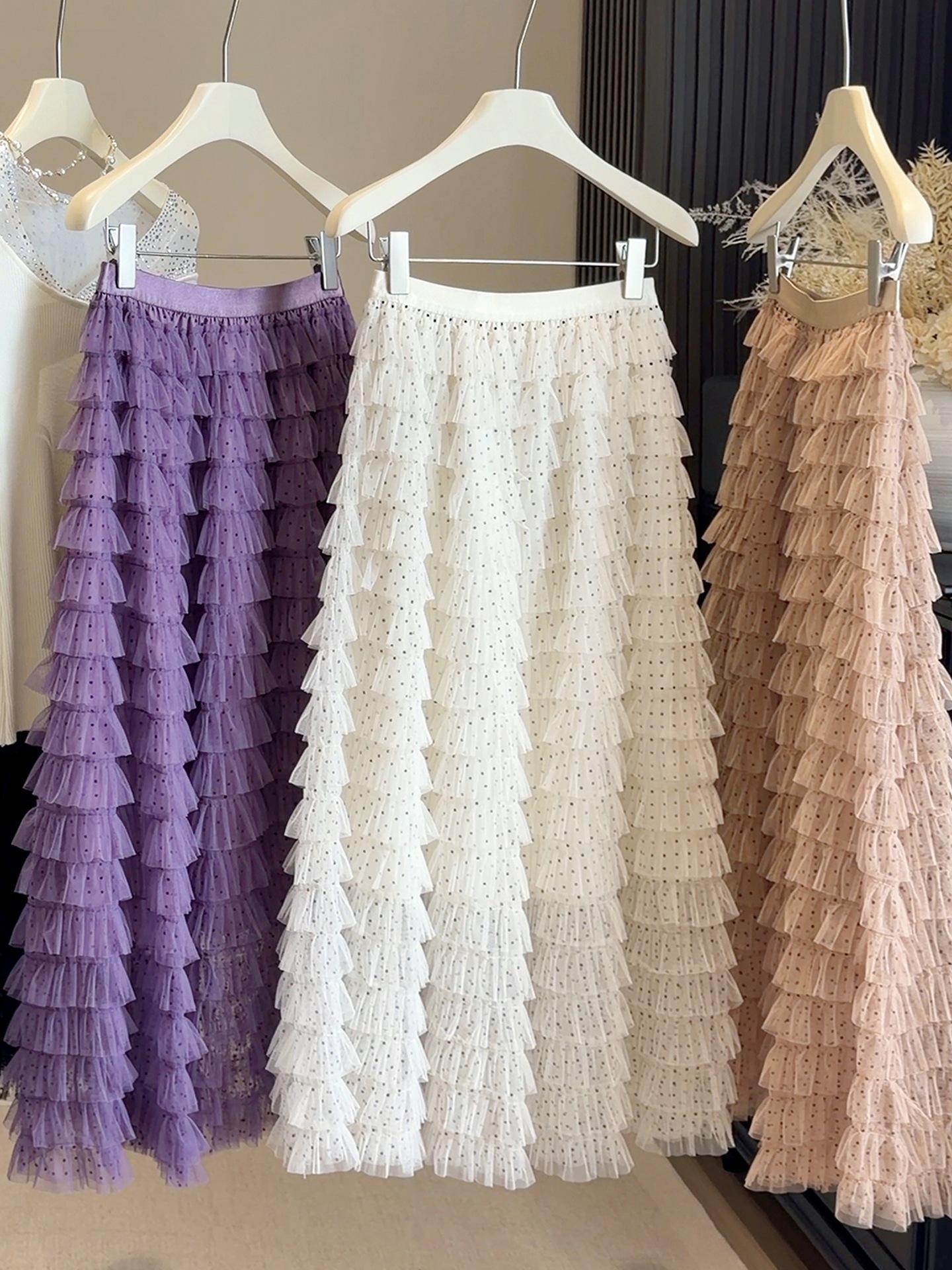 

Women s Layered Polka Dot Mesh A-line Midi Skirt - High Waist, Fluffy & Slimming, Spring/Autumn Fashion One Size белый