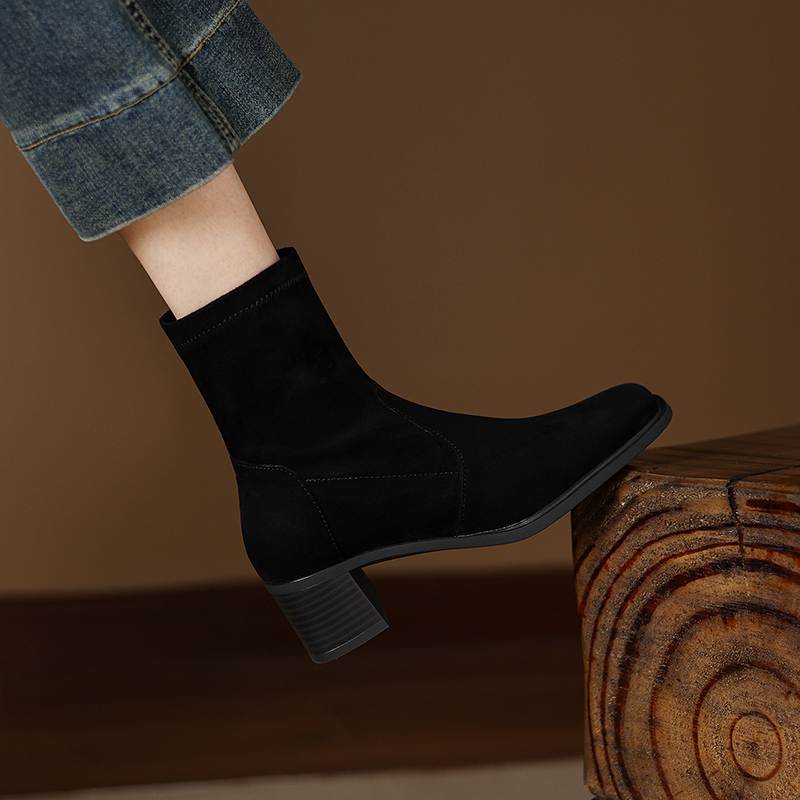 Krazing Pot Flock Round Toe Thick Heels Chelsea Boots Size 42 Zip Women Concise Style Elastic Ankle Boots