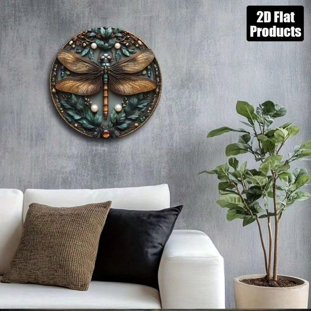 Aluminum Dragonfly Wall Art Metal Poster Round Decor for Kitchen Home