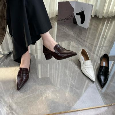 Women Leather Shoes 2026 Spring British Retro Square Heel Pointed Toe French Dress Shoes Elegant High Quality High Heels Loafers