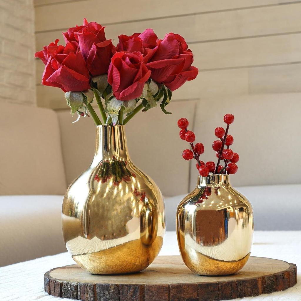 Glossy Golden Metal Flower Vase for Home Decor| Decoration Item for Living Room Office| Table Decorative Flower Pot for Gifting