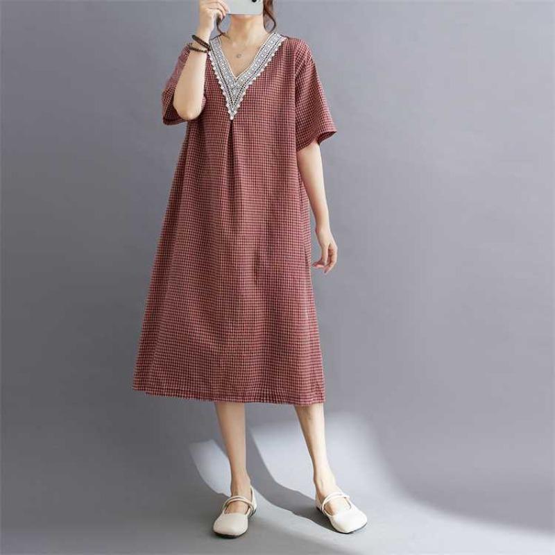 Summer Retro Cotton Linen Lace Cotton Linen Plaid Dress