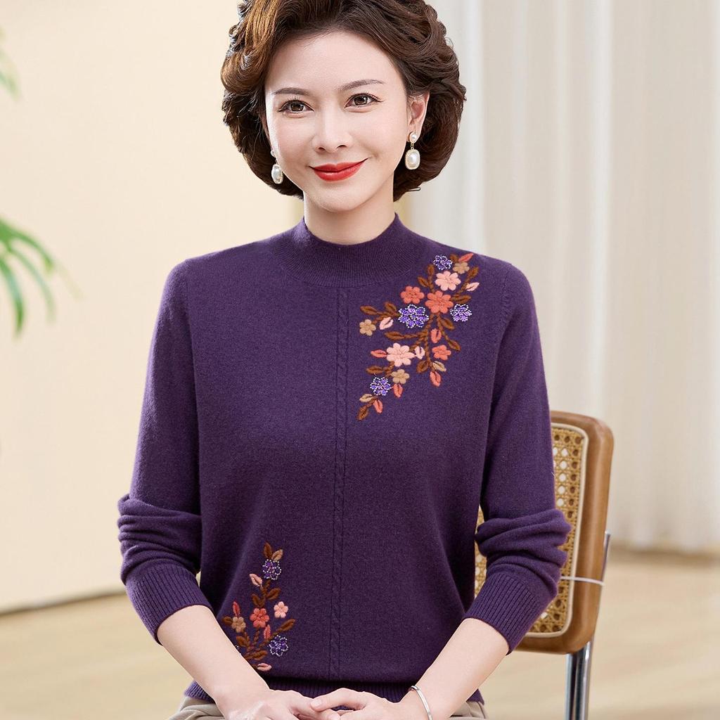 Women's 100% Pure Wool Embroidered Sweater - New 2025 Autumn/Winter Collection for Middle-Aged and Elderly