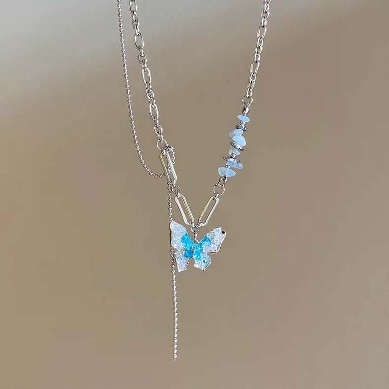 

Fashion Blue Butterfly Heart-Shaped Pendant Necklace for Women Girls Exquisite Multi Layer Chain Tassel Crystal Necklace Jewelry