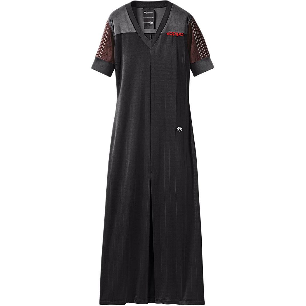 Adidas Originals Logo Embroidered V-Neck Long Short Sleeve Dress Women Dresses Gray DT9489 S