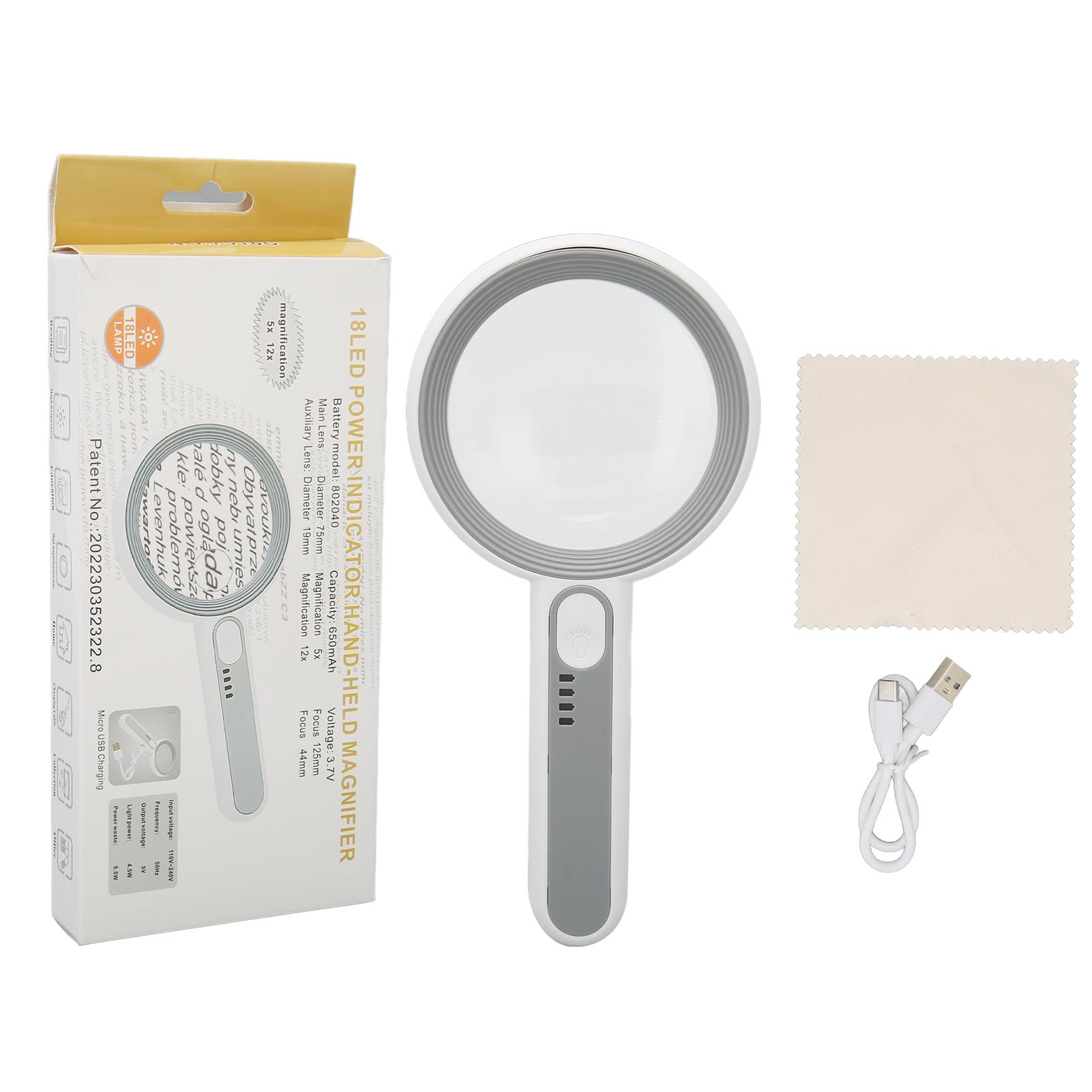 

Magnifying Glass 5X 12X Handheld Magnifier with 18pcs LED for Reading Inspection