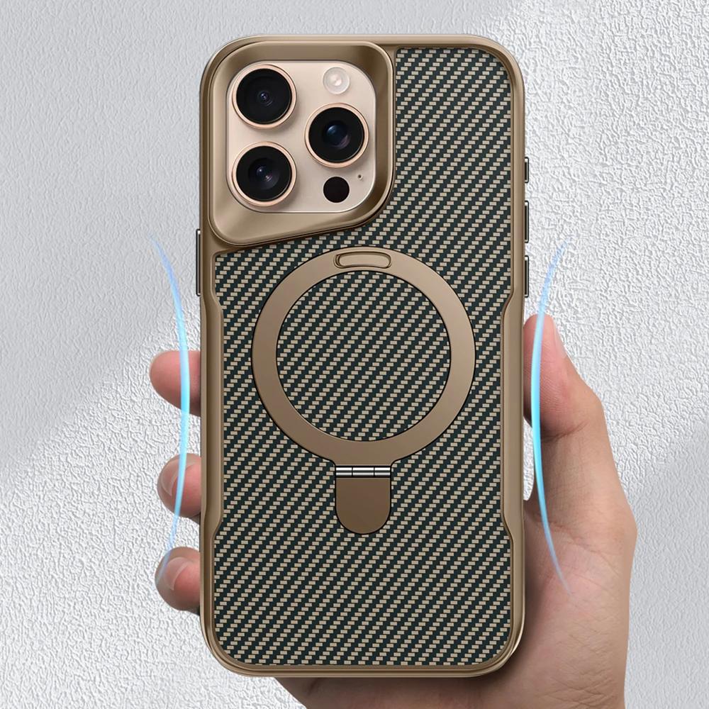 Desert Titanium metal holder carbon fibre magnetic phone case for For Iphone 16 15 14 13 12 Pro Max charging armor hard case