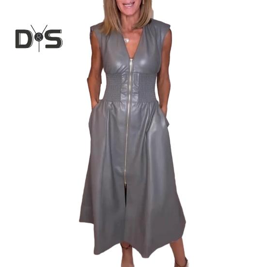 

Женское длинное платье из искусственной кожи с застежкой-молнией спереди, V-образным вырезом, без рукавов, со сборками и высокой талией, плиссированное платье для вечеринок в ночном клубе M серый