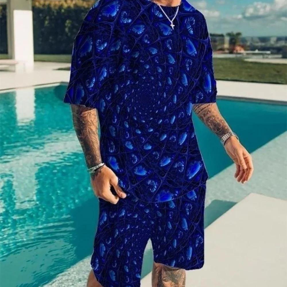 Men's Casual Sports Set Short Sleeve and Shorts Two-Piece Fashion Geometric Pattern Summer Daily Wear Comfortable Breathable