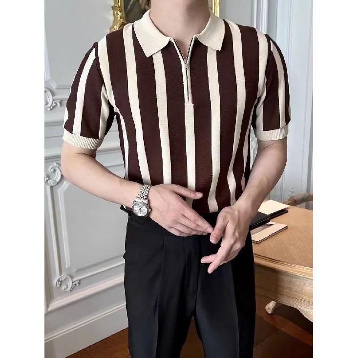Summer Men's Knitted Short Sleeve Half-Zip Polo Shirt Korean Style Slim Fit Casual Turn-Down Collar Half Sleeve T-Shirt Base Shirt