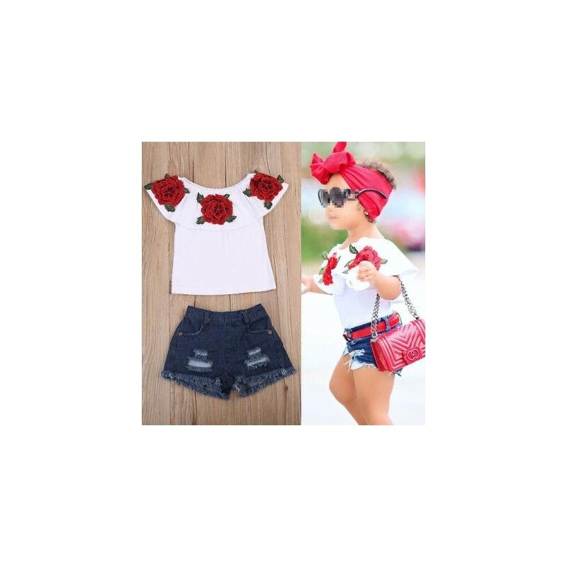 Adorable Toddler Baby Girls Flower Tops Denim Shorts Outfits Premium Quality 5-6 Years