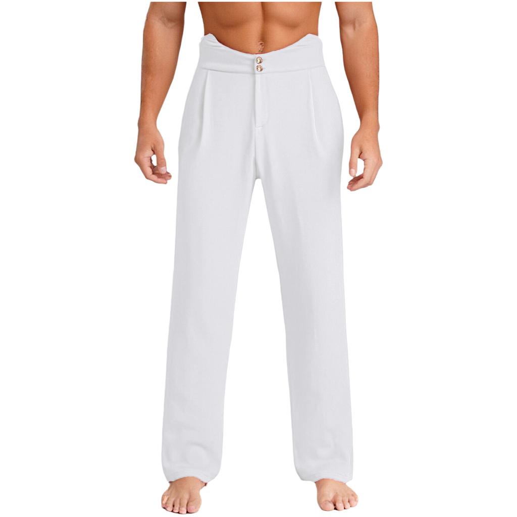 Mens Latin Ballet Dance Long Pants Back Elastic Band Side Pockets Loose Straight Trousers Rumba Dancewear