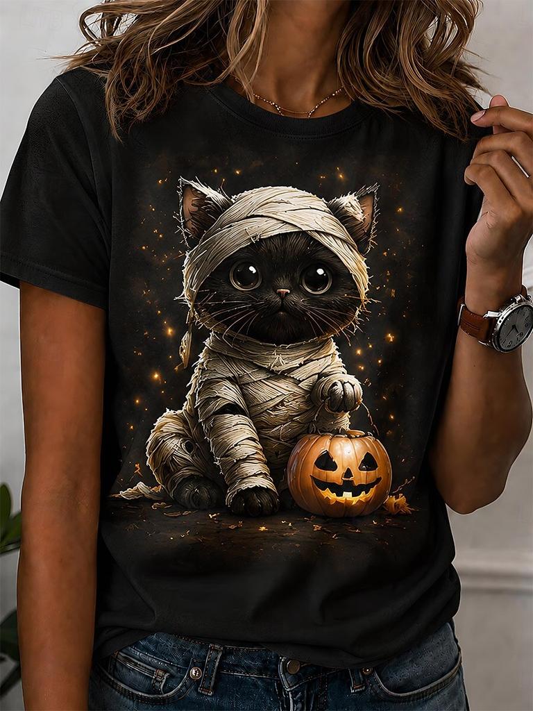 Halloween Women Witch Cat T-Shirt Cute Black Cat Pumpkin Graphic Tops Tee Summer Short Sleeve Crewneck Party Women Clothing