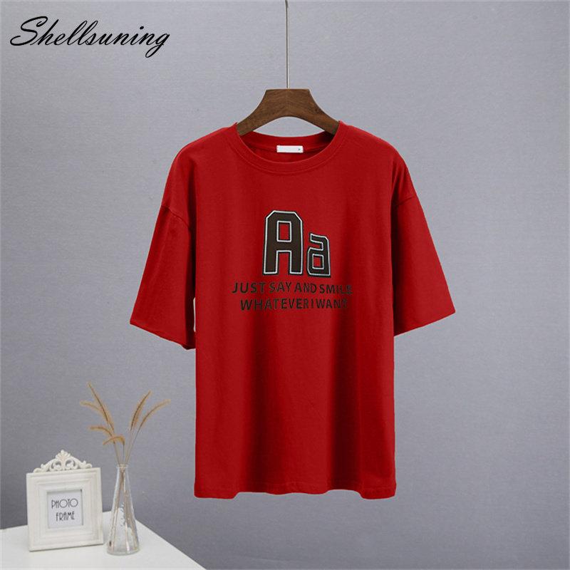 Bavlněná trička Shellsuning Oversized Dámské Léto S krátkým rukávem Trička s 3D potiskem dopisů Dámské Běžné Volné High Street Basic Tops