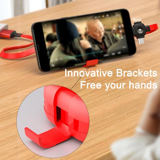 3-i-1 uttrekkbar ladekabel Hurtiglading av dataoverføring Telefonholderstøtte Multifunksjonell Type-C/USB/8-pinners datakabel