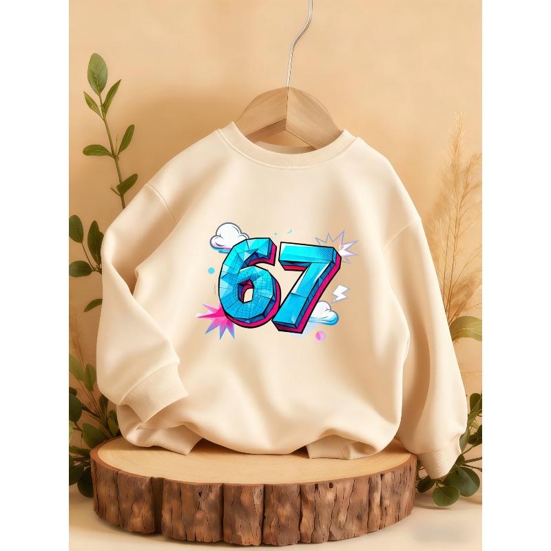 Kids Sweatshirt Over 4Y Unisex Boys Girls 3D Blue Geometric Number 67 Cloud Lightning Graphic Gray Crewneck Soft Fleece Pullover For 4-12 Children