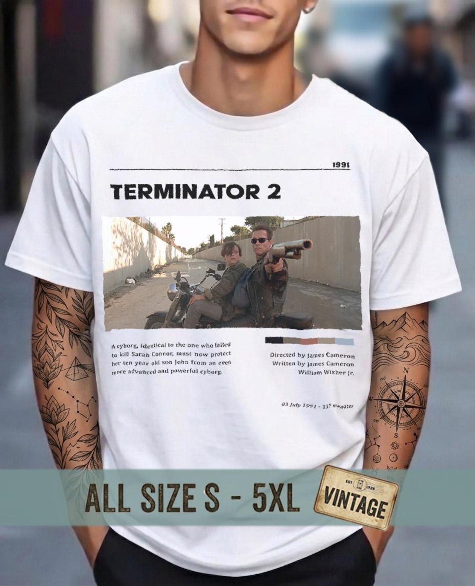 Terminator 2 Shirt Arnold Schwarzenegger Vintage Bootleg Tee, 90s Retro Movie Graphic T-Shirt, Sci-Fi Action Movie Gift for Men Women 4XL