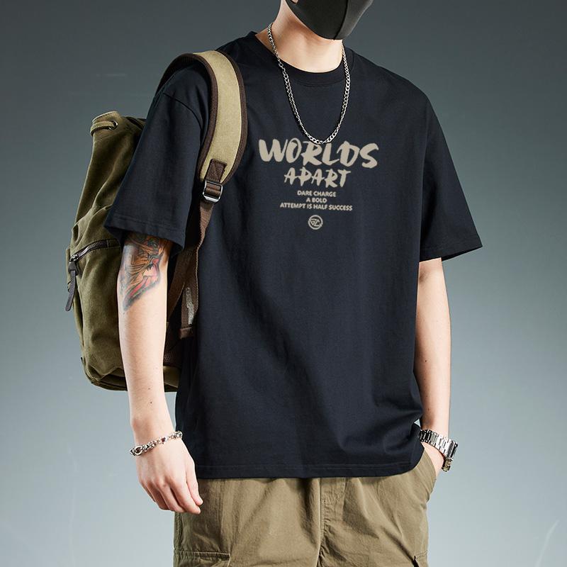 Men s Short-Sleeve Cotton T-Shirt with Art Letter Print Casual Loose-Fit Cotton Top S чёрный