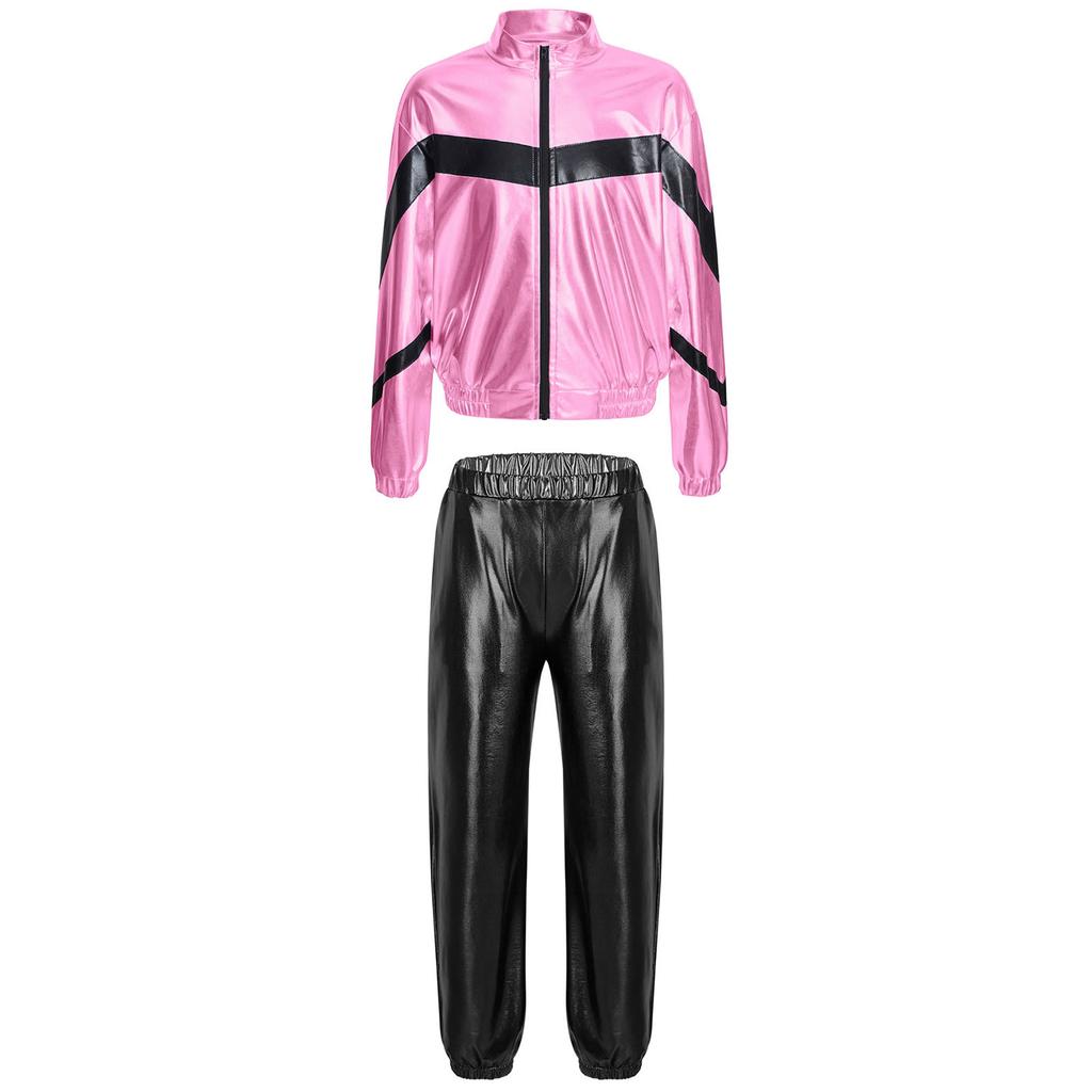 Girls Hip Hop Dance Jacket Metallic Zipper Contrast Color Stand Collar Coat Glittery Waist Pants Set