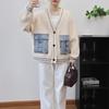 Autumn and Winter New Loose Splicing Denim Pocket Knitted Double-sided Cardigan Casual Sweater Jacket Women