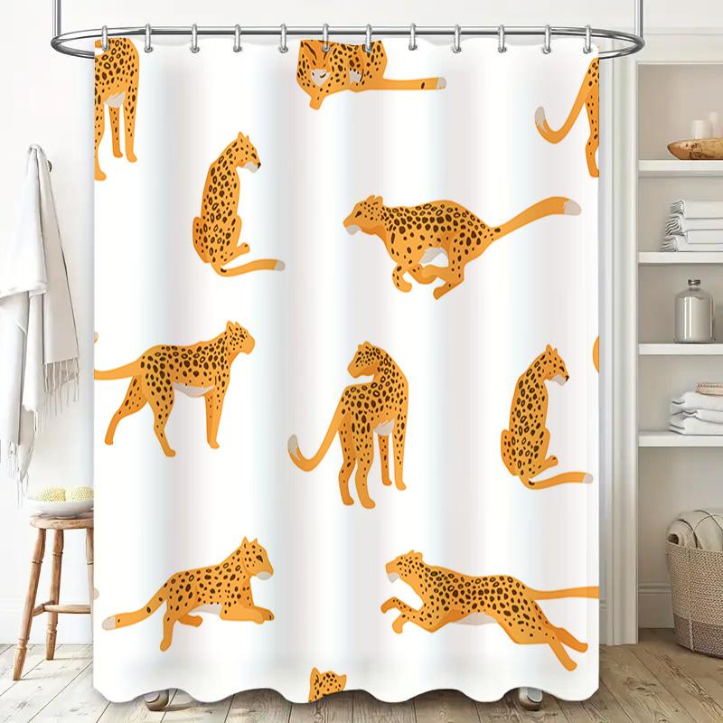 Leopard Shower Curtain Home Decor Bathroom Waterproof Fabric Yellow Print Animal Bath Tub Curtain White Plastic Hooks Waterproof