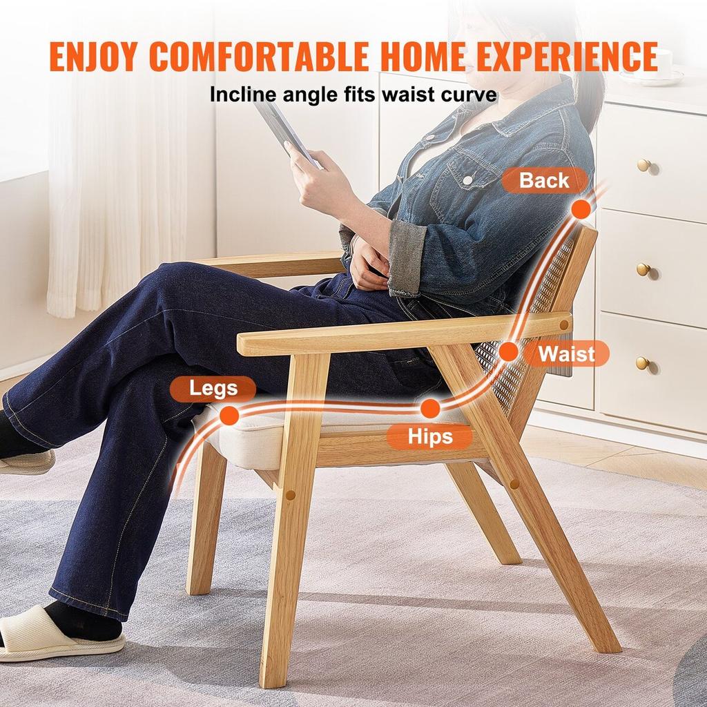 Rattan Chair, Mid Century Modern Dining Chair with Armrest, Upholstered Chair with Rattan Back, Retro Rattan Dining Room Kitchen Chair for Living