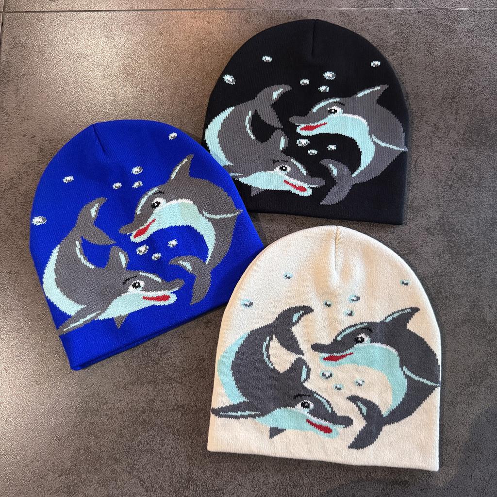 Acrylic Knit Hat With Cartoon Dolphin Embroidery Design For Daily Seasons Cold