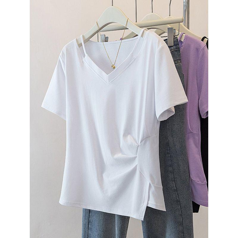 V Neck Asymmetrical Small Shirt Plus Size Ladies Covering Belly Thin Summer Wear