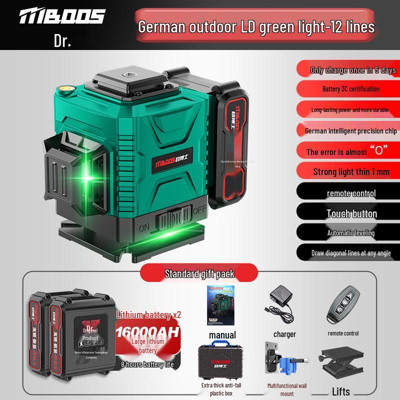 High-Precision 12-Line Outdoor Green Laser Level with Automatic Leveling for Walls and Floors