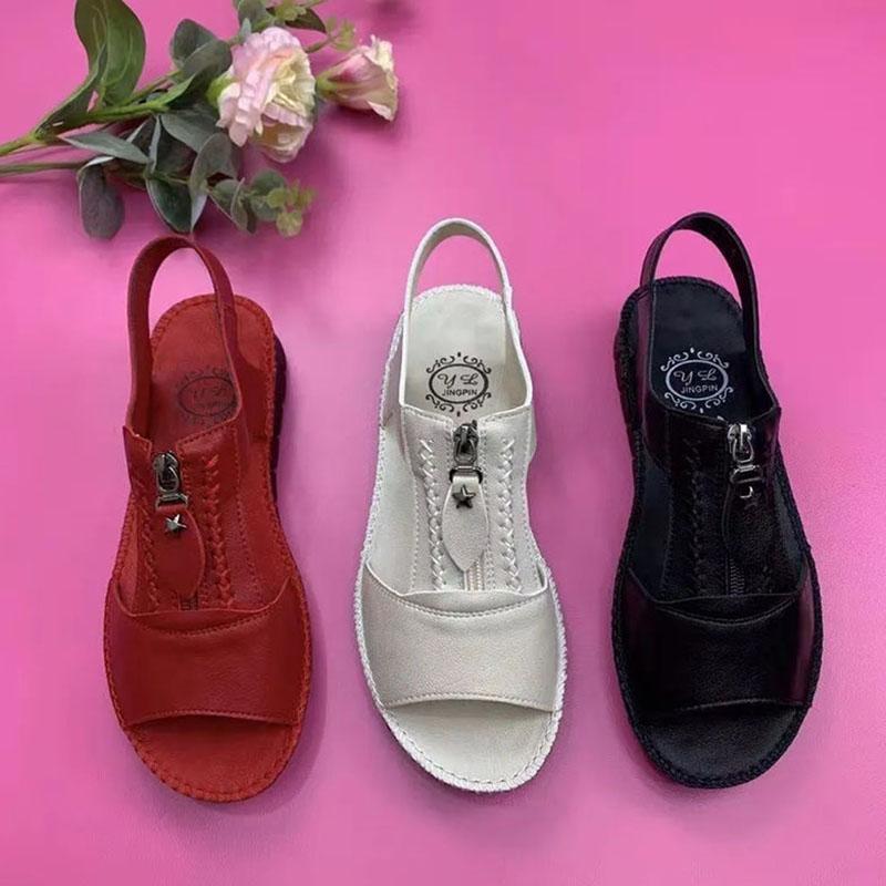 WTEMPO Soft Leather Sandals Women's Soft Sole Versatile Casual Zipper Solid Color Comfortable Flat Heel Fish Mouth Single Shoes Dropshipping Wholesale